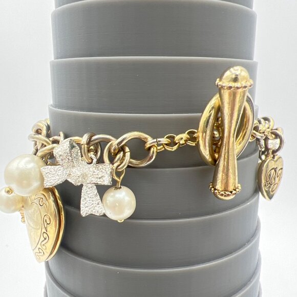Betsy Johnson Charm Bracelet Heart Lockets Faux Pearls Bows Leopard Designs - Picture 7 of 11